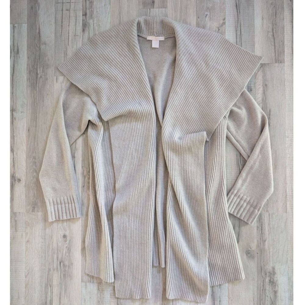 The Cashmere Project Open Front Ribbed Cardigan Sweater in Beige, Large (C6)
